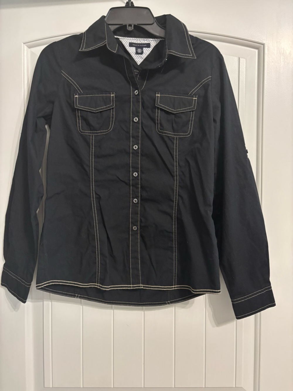 387) Ladies' Black Button-Up Shirt with Contrast Stitching